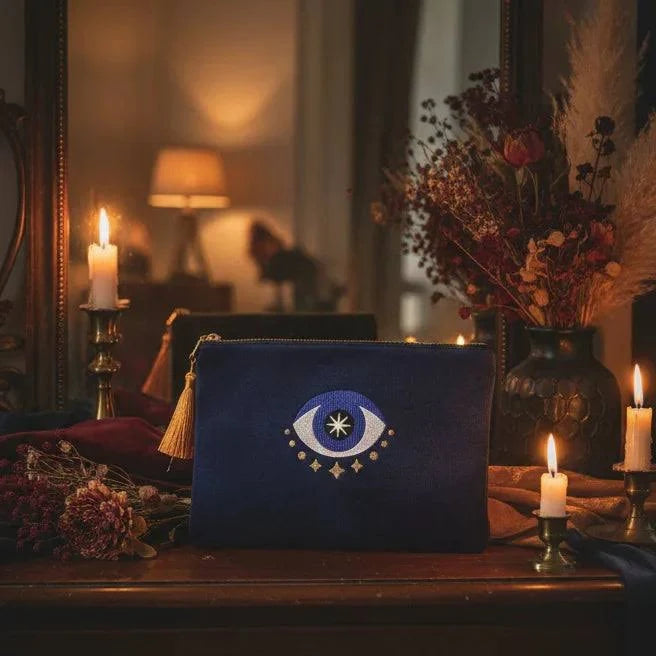 Blue pouch with a symbol on a wooden surface with candles and flowers