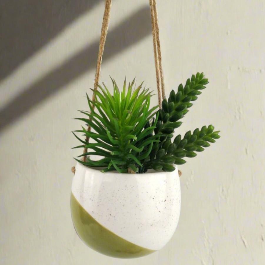 Olive and cream ceramic hanging planter pot