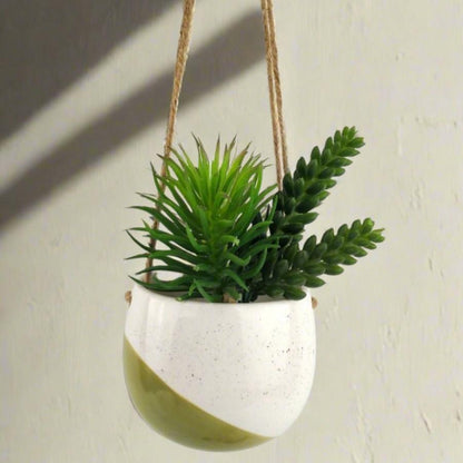 Olive and cream ceramic hanging planter pot