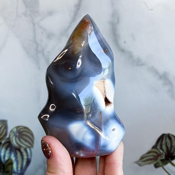 Ocean / Orca Agate crystal flame statue