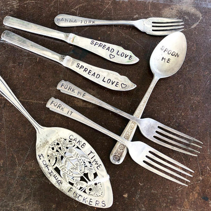 Custom made hand stamped vintage silver cutlery