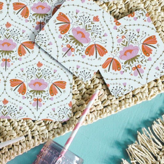Pink butterfly floral coaster set