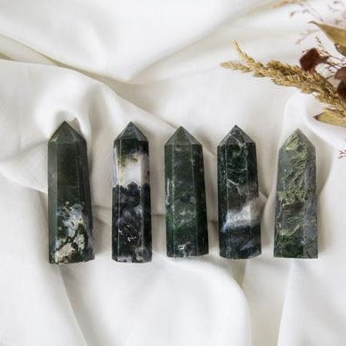 Moss agate crystal polished point tower