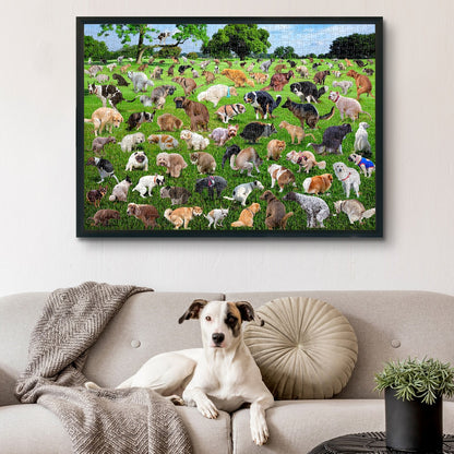 Naughty puppy! Does a dog shit on the grass? Jigsaw puzzle game