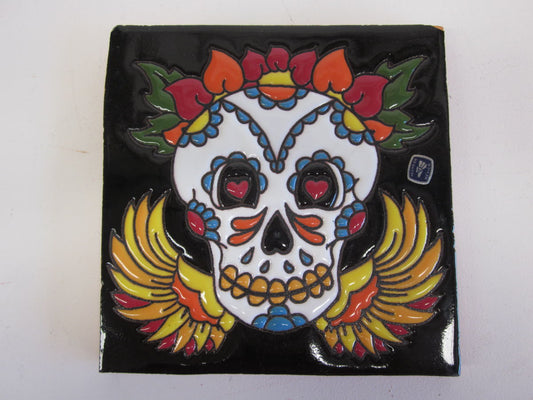 Day of the dead handmade flower crown tile wall hanging