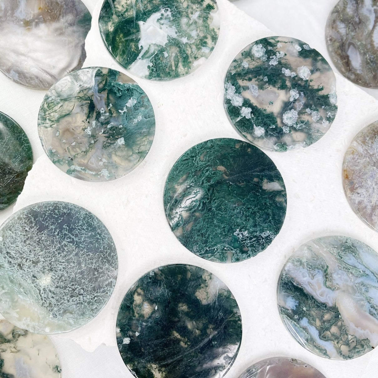 Moss agate crystal round slice / ring tray / polished stone coaster