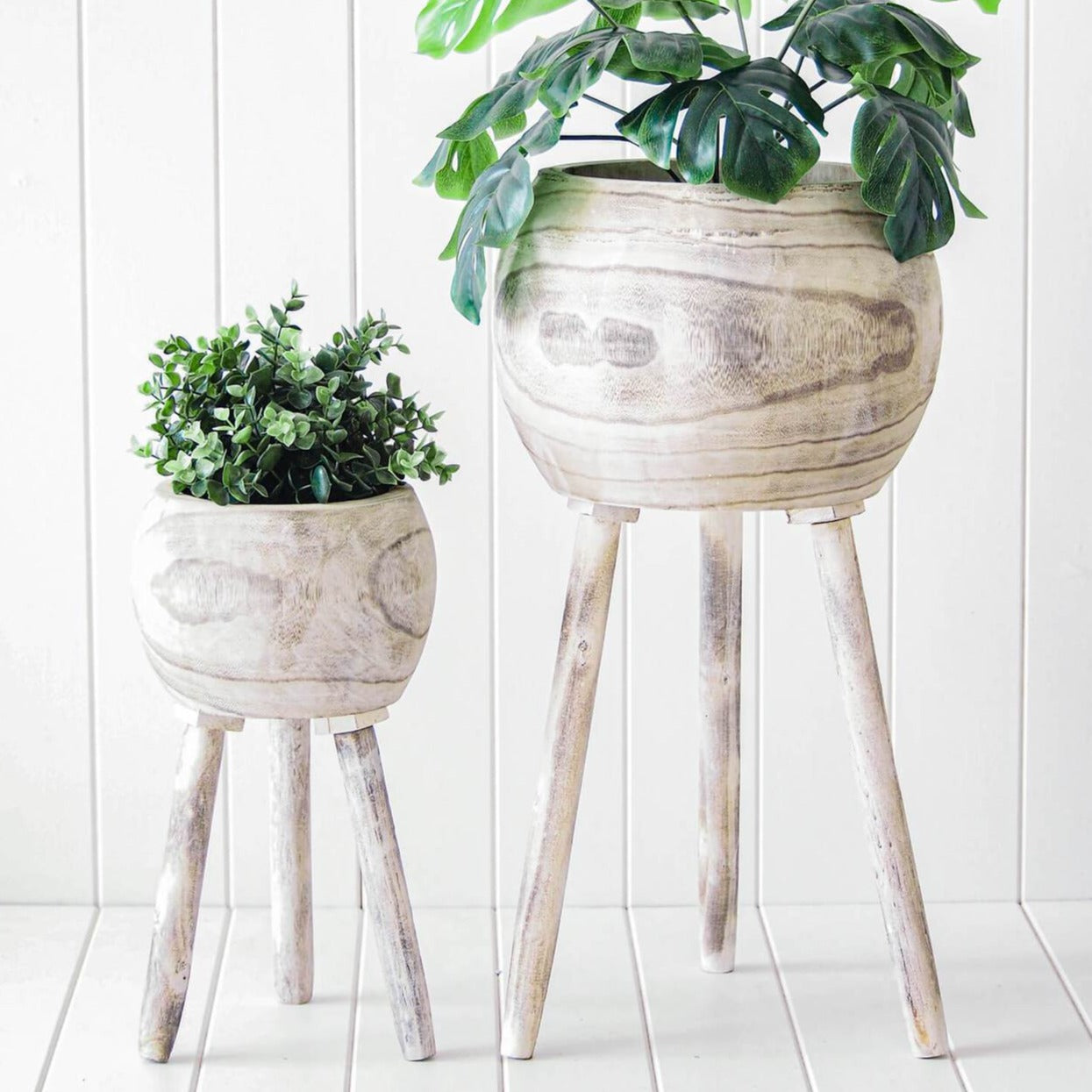 White wash wood planter pot with legs