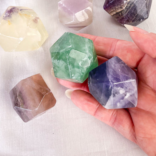 Fluorite crystal polished 10-12 sided shape polyhedron - large polished stone