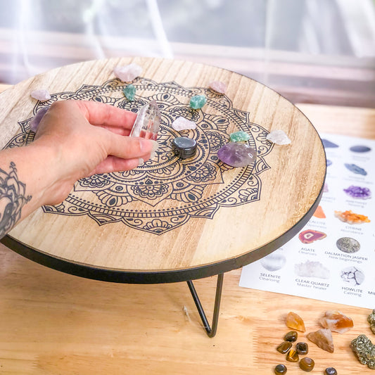Reiki chakra crystal grid wooden altar table & crystal set