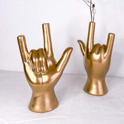 Gold Rock hands ceramic vase statue