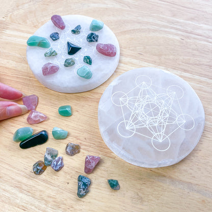 Selenite crystal grid charging plate / platter tray with chips - anxiety & calm kit