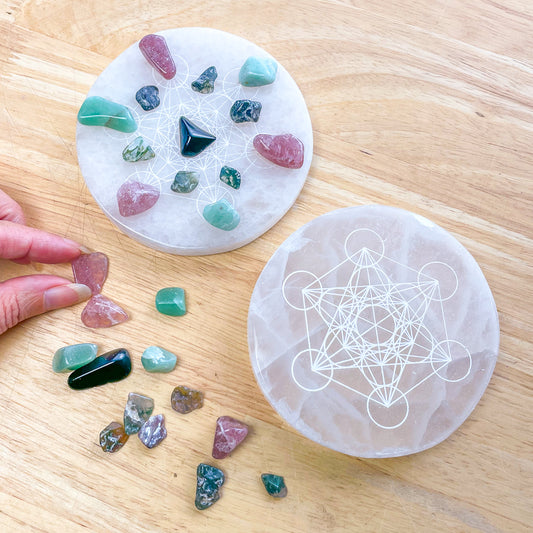 Selenite crystal grid charging plate / platter tray with chips - anxiety & calm kit