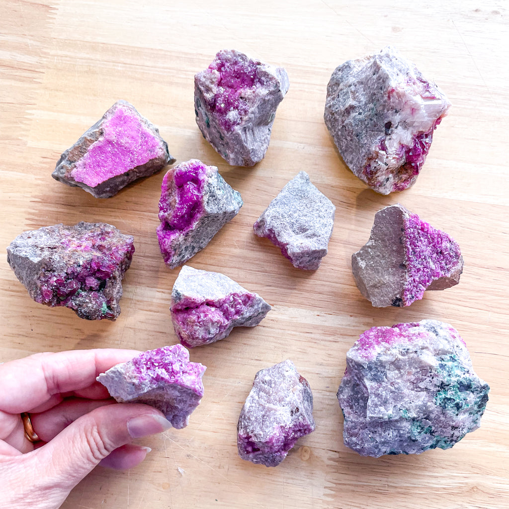Hot pink Cobaltoan Calcite with green Malachite crystal specimen