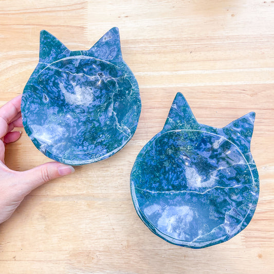 Moss agate crystal pussy cat shaped carved bowl large 1kg