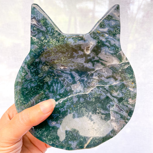 Moss agate crystal pussy cat shaped carved bowl large 1kg