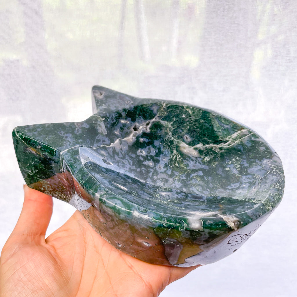 Moss agate crystal pussy cat shaped carved bowl large 1kg