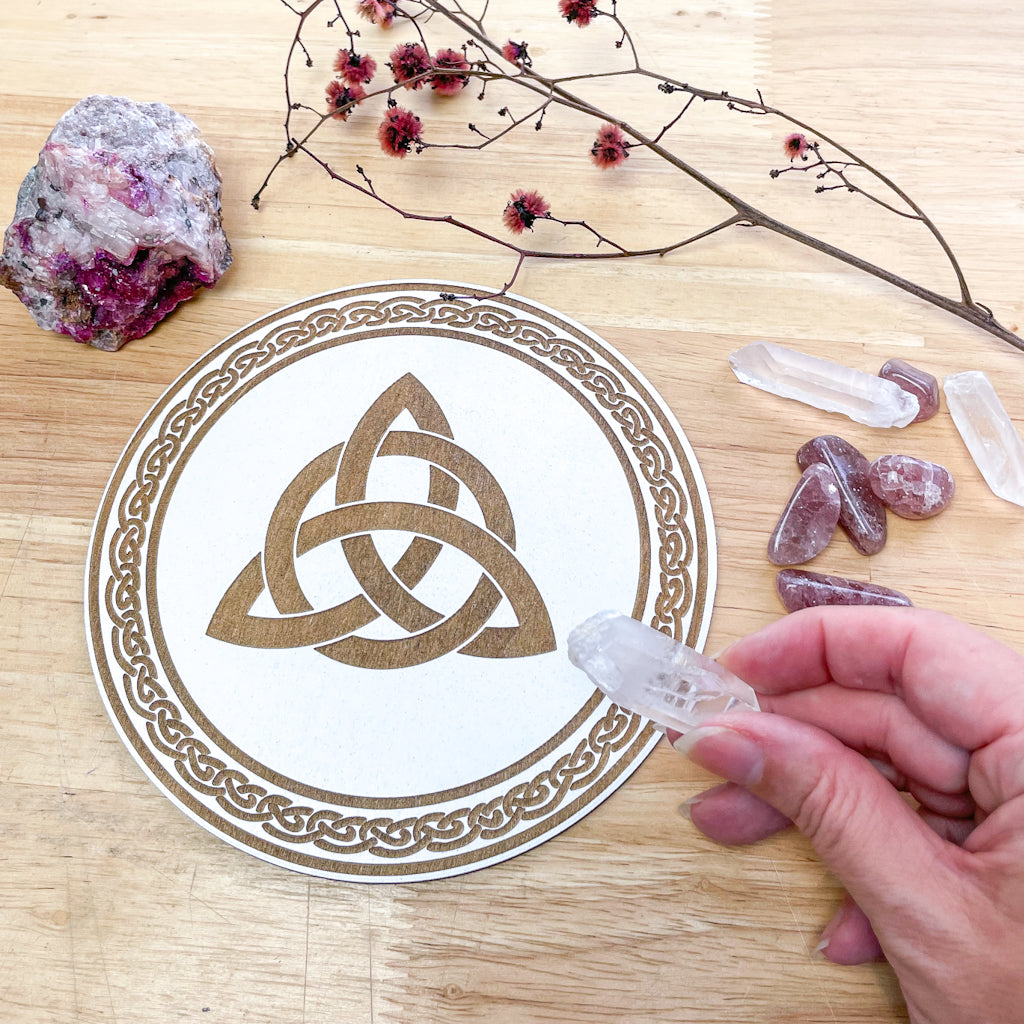 Triqueta witches knot crystal grid wooden plate