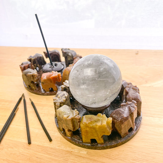 Lucky elephant crystal soapstone sphere stand  / incense holder