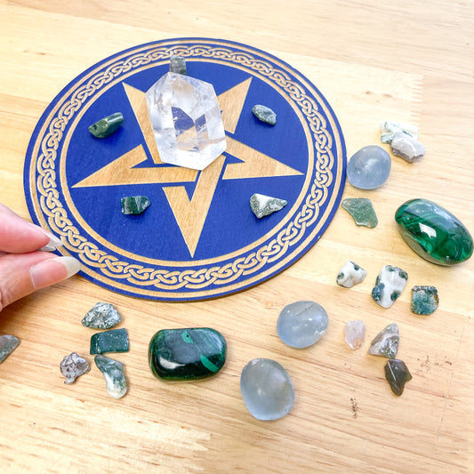 Pentagram witches protection knot crystal grid wooden plate