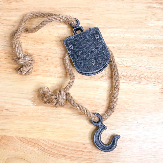 Vintage cast iron and wood pulley with hook