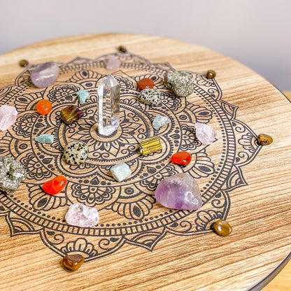 Reiki chakra crystal grid wooden altar table & crystal set