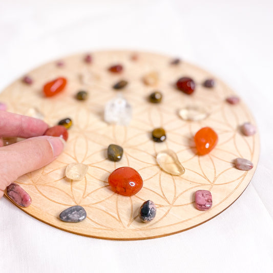 Flower of life chakra crystal grid wooden with crystal set - POSITIVITY