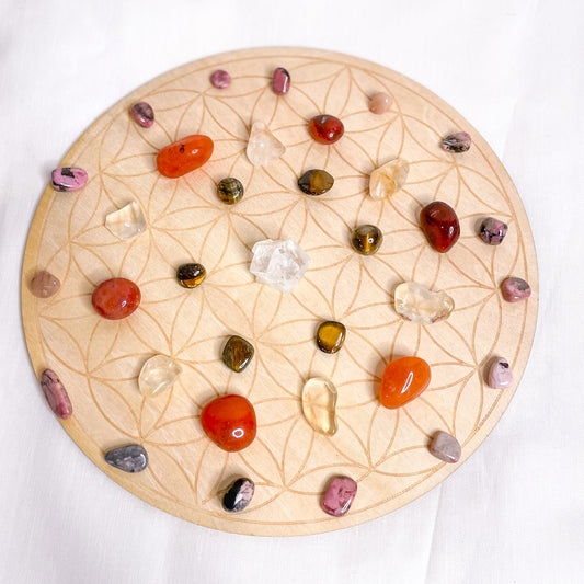 Flower of life chakra crystal grid wooden with crystal set - POSITIVITY