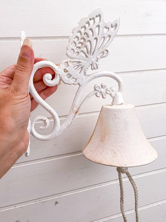 Cast iron hand painted white vintage door bell wall hanging - fairy butterfly