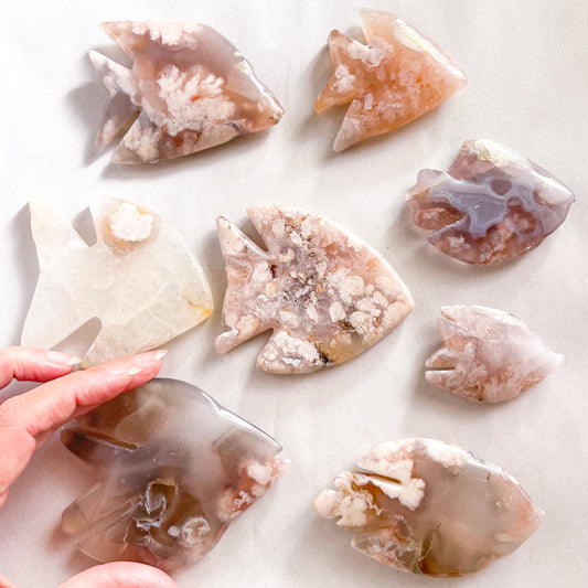 Flower agate crystal carved spirit animal - fish