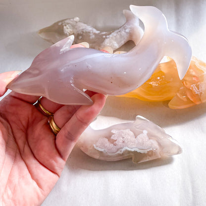 Flower agate crystal carved spirit animal - dolphin