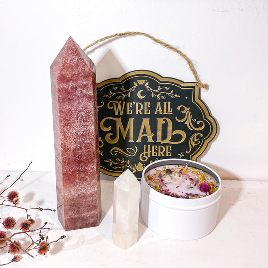 Strawberry quartz crystal generator tower 19cm tall