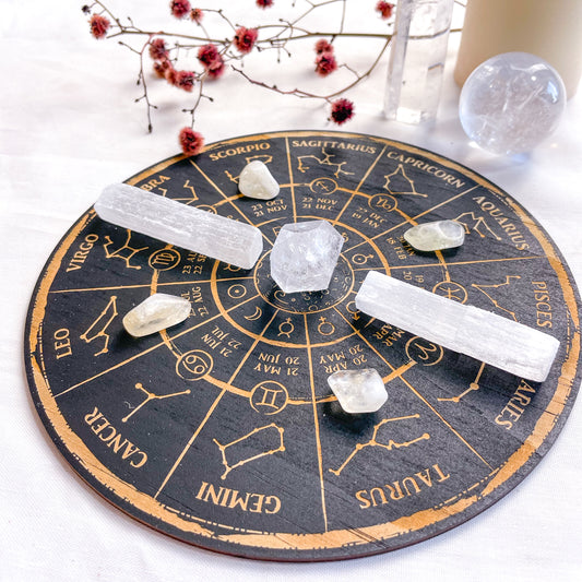 SET - Zodiac star sign / astrology crystal grid wooden with crystals