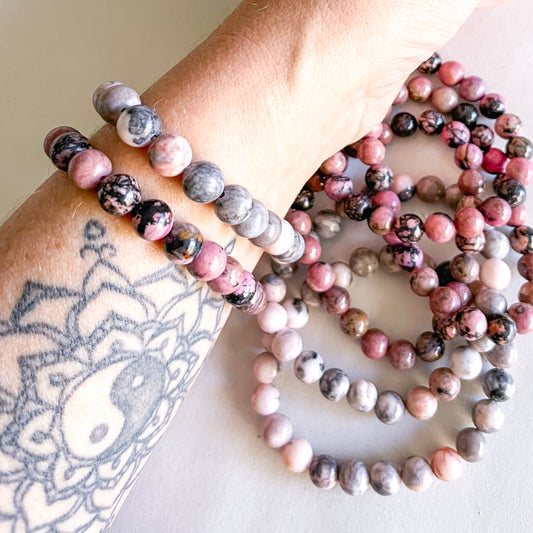 Pink zebra jasper or rhodonite crystal bead bracelet