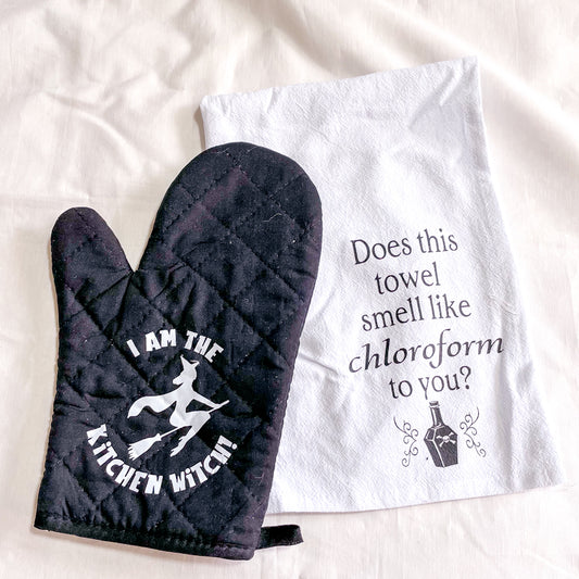 Kitchen witch oven mitt or naughty chloroform tea towel