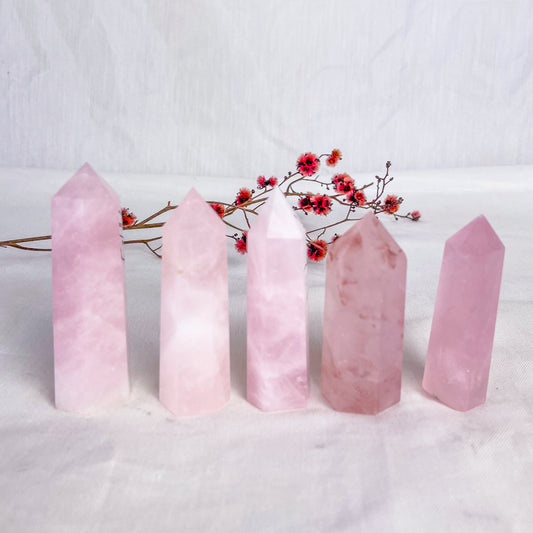 Crystal rose quartz point tower