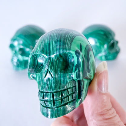 Rare green malachite hand carved crystal skull