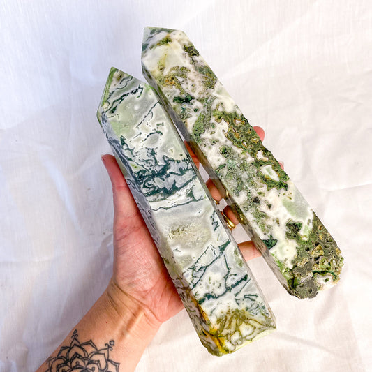 Moss agate druzy crystal obelisk tower XL 22-25cm