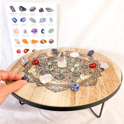 Reiki chakra crystal grid wooden altar table & crystal set