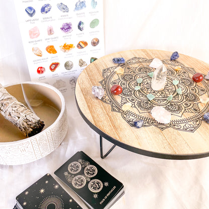 Reiki chakra crystal grid wooden altar table & crystal set