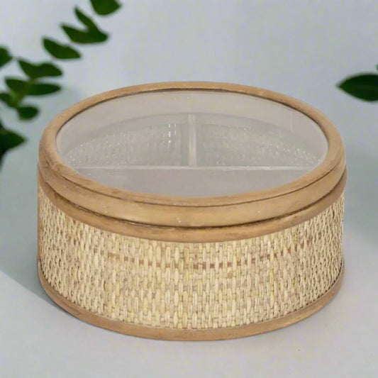 Boho rattan jewellery / tarot / crystal storage box - round