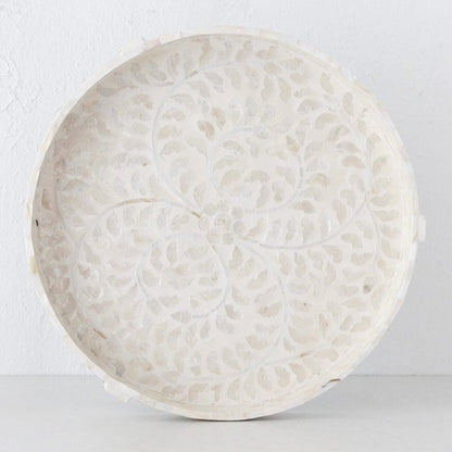 Handmade capiz shell pearl inlay round tray with feet M-L