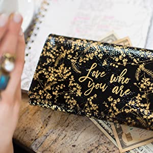 Gold and white or black floral trifold purse / wallet