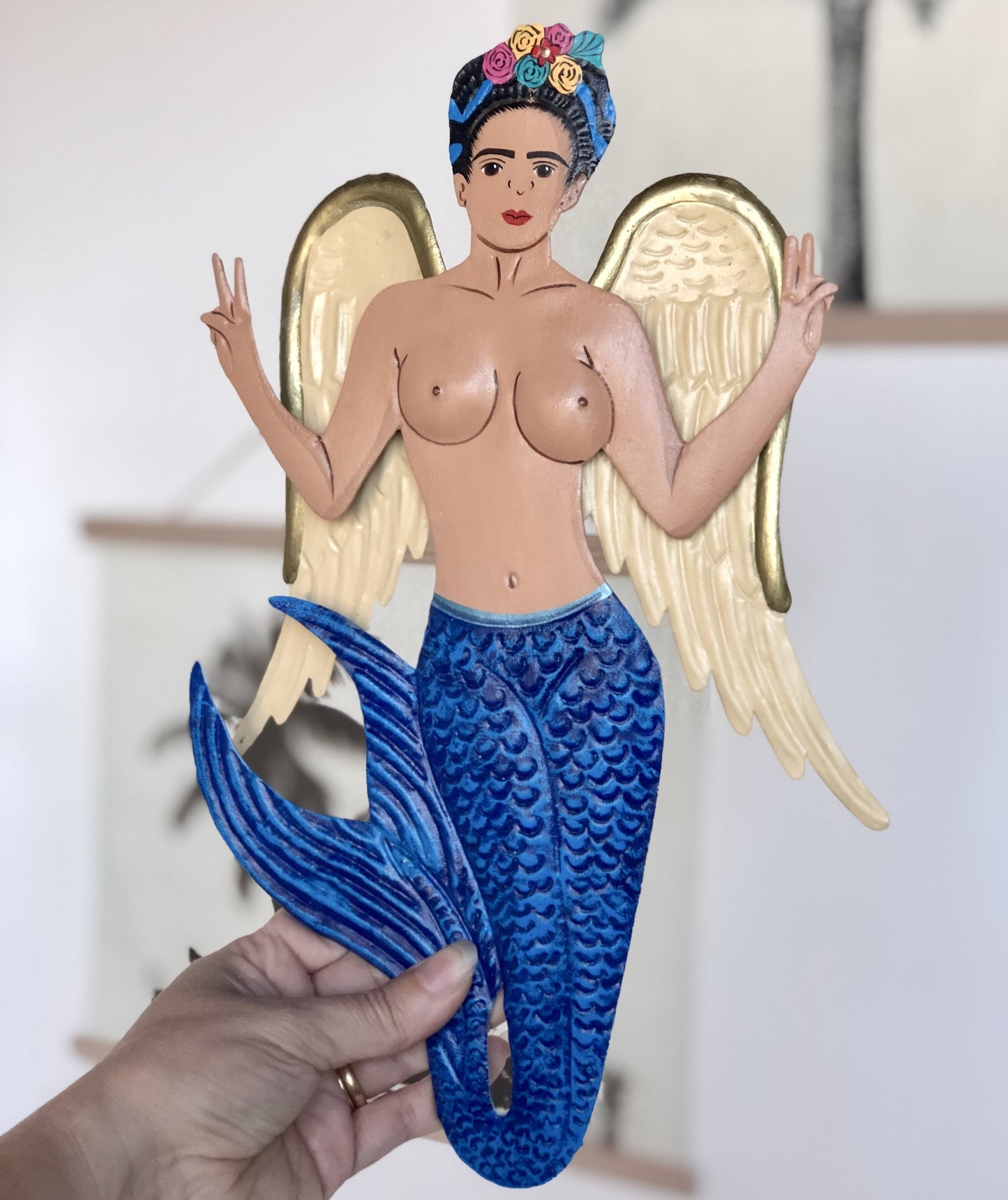 Frida mermaid hand painted metal wall hanging