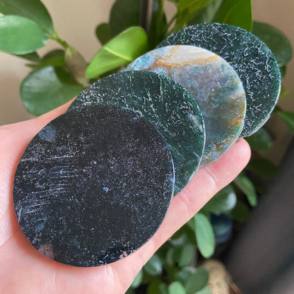 Moss agate crystal round slice / ring tray / polished stone coaster
