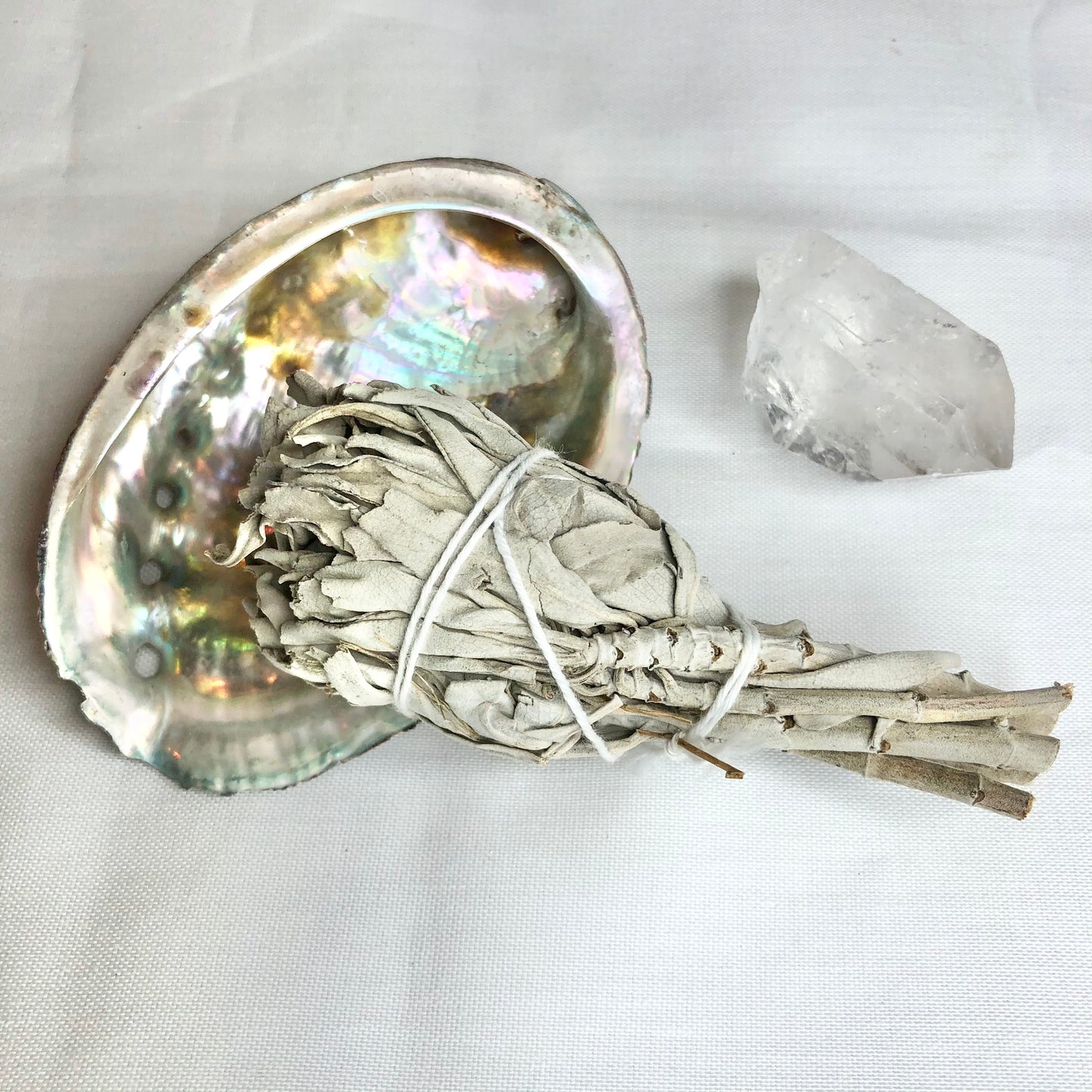 Sage incense smudge stick, crystal point and shell dish bundle