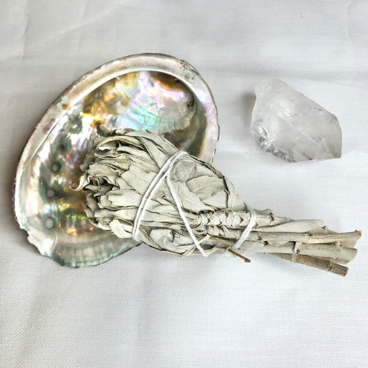 Sage incense smudge stick, crystal point and shell dish bundle