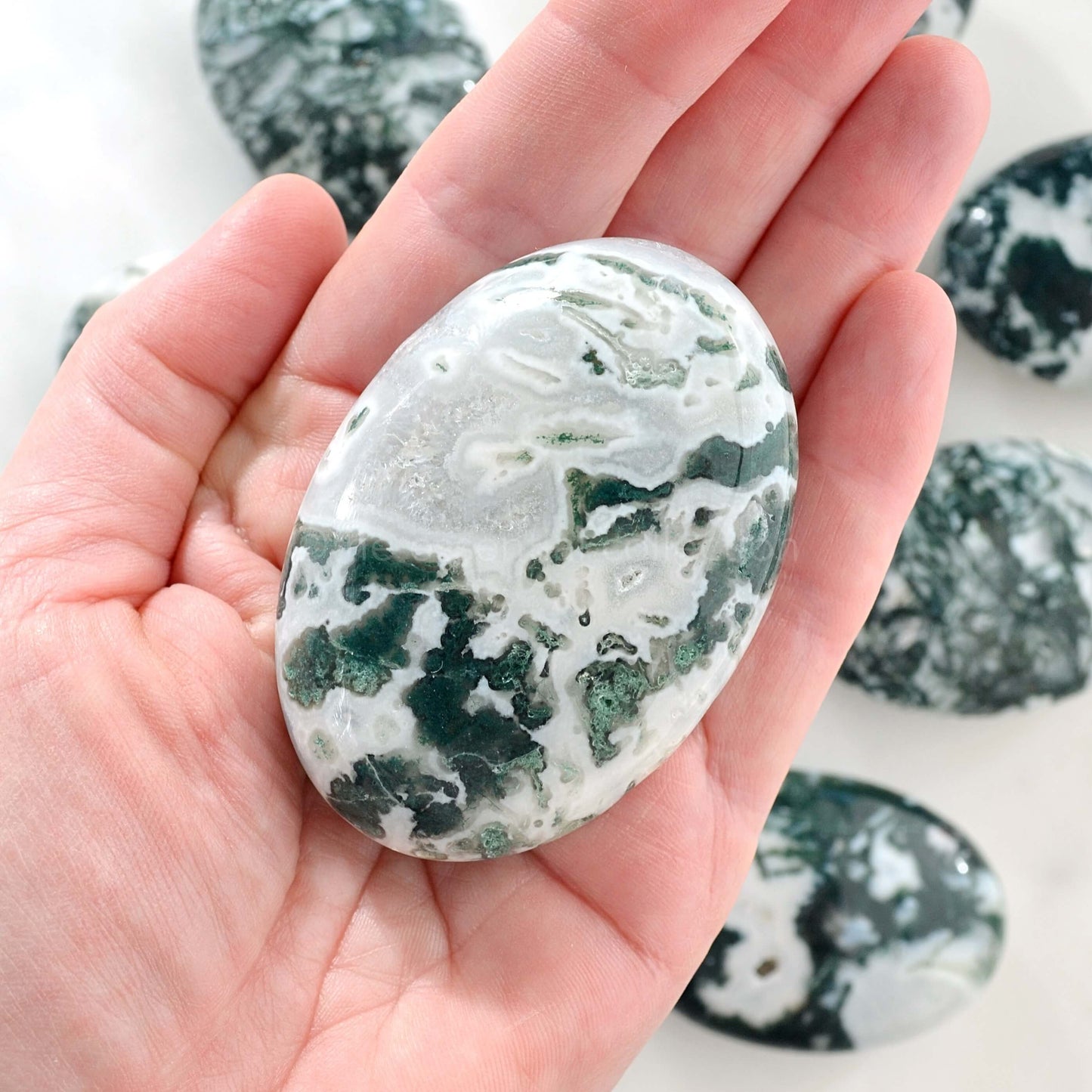 Moss agate crystal polished palm stone L