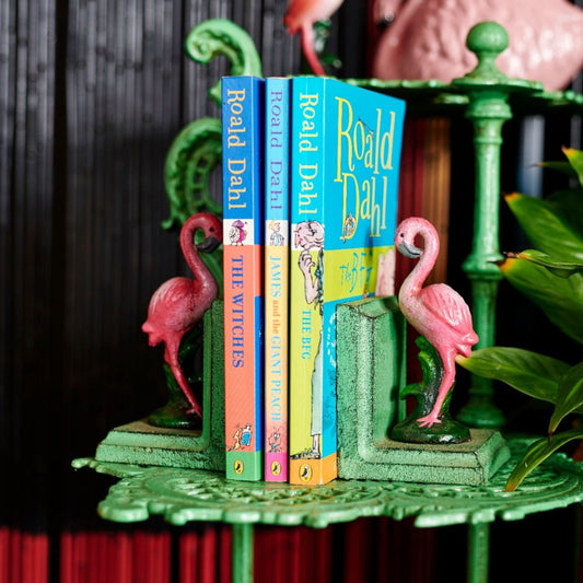 Pink flamingo vintage statue painted metal bookend - single or pair